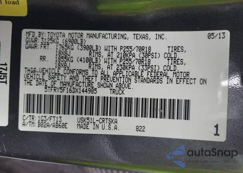 2013 Toyota Tundra Grade 5.7L V8 from USA, damaged, VIN 5TFRY5F16DX144985